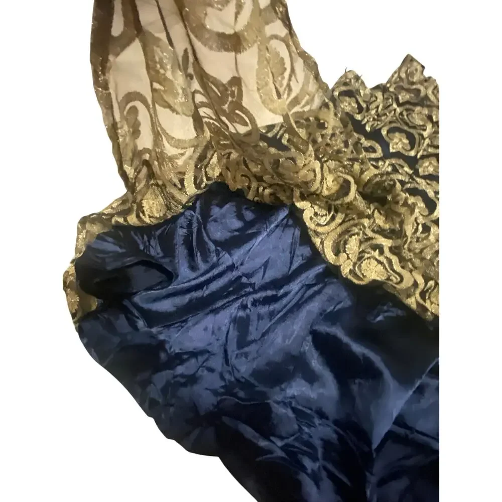 Liza Luxe Navy Blue Gold Brocade A-Line Dress Sleeveless Metallic Party